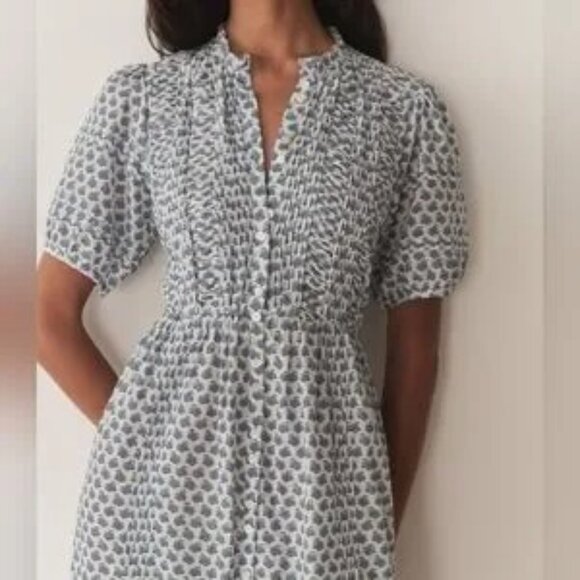 Doen Haleigh Midi Dress Blue White Floral Dahlia Ditsy Size XS Like New - Picture 2 of 16